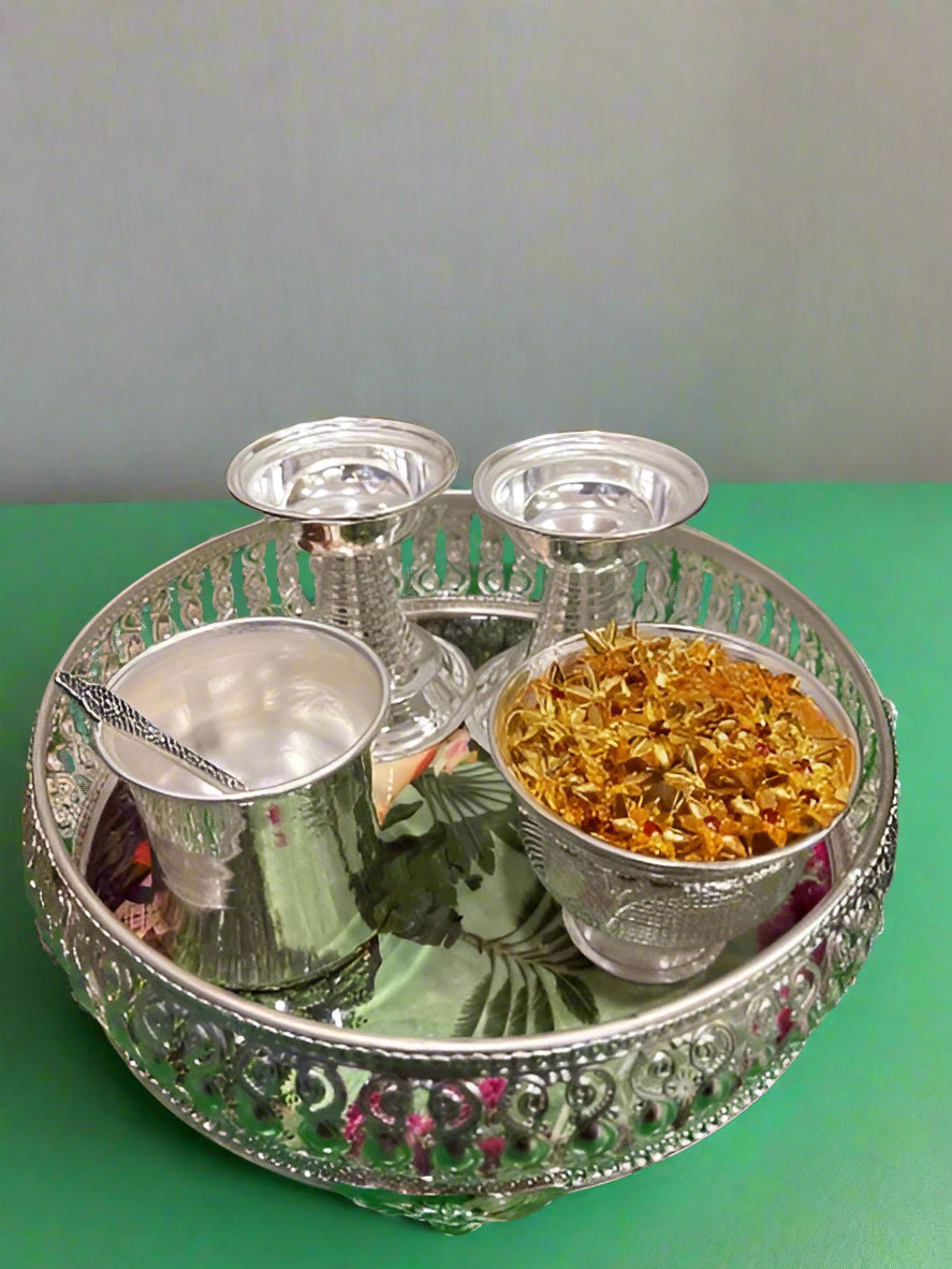 german silver pooja thali set tray set for diwali/ housewarming